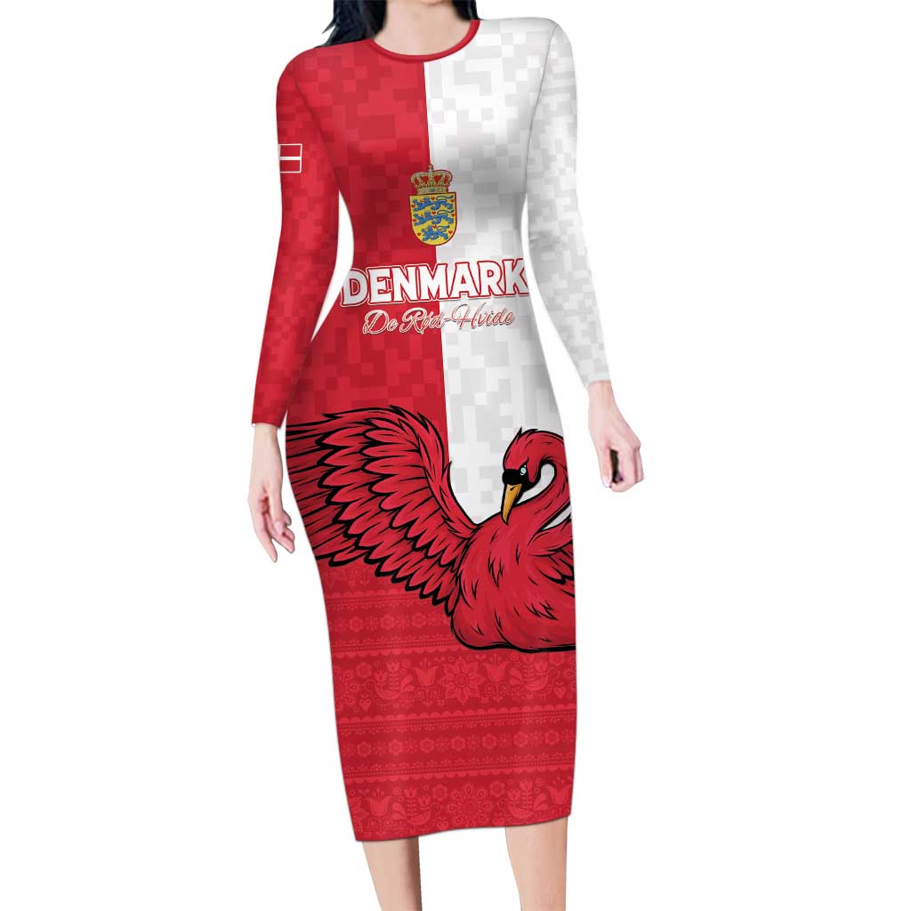 Custom Denmark Football Long Sleeve Bodycon Dress Red and Whites Scandinavia Pattern - Wonder Print Shop