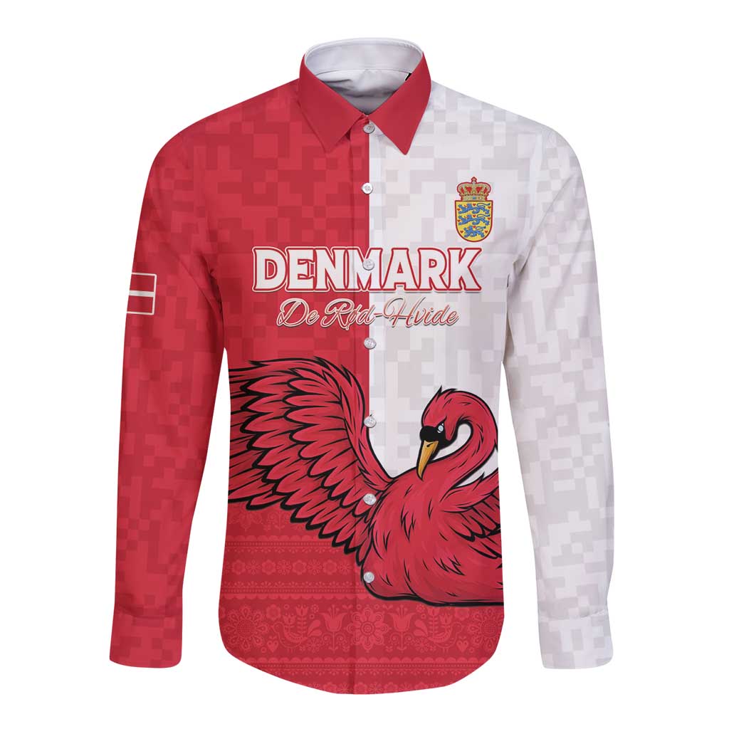 Custom Denmark Football Long Sleeve Button Shirt Red and Whites Scandinavia Pattern - Wonder Print Shop