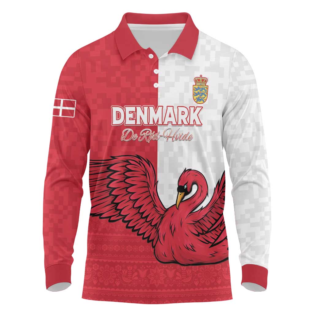Custom Denmark Football Long Sleeve Polo Shirt Red and Whites Scandinavia Pattern - Wonder Print Shop