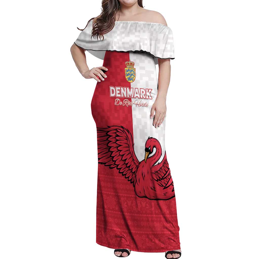Custom Denmark Football Off Shoulder Maxi Dress Red and Whites Scandinavia Pattern - Wonder Print Shop