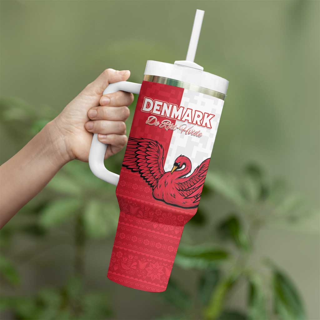 Custom Denmark Football Tumbler With Handle Red and Whites Scandinavia Pattern - Wonder Print Shop