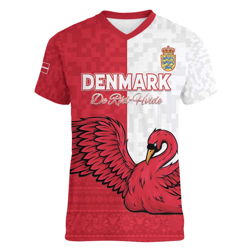 Custom Denmark Football Women V-Neck T-Shirt Red and Whites Scandinavia Pattern - Wonder Print Shop