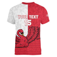 Custom Denmark Football Women V-Neck T-Shirt Red and Whites Scandinavia Pattern - Wonder Print Shop