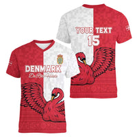 Custom Denmark Football Women V-Neck T-Shirt Red and Whites Scandinavia Pattern - Wonder Print Shop