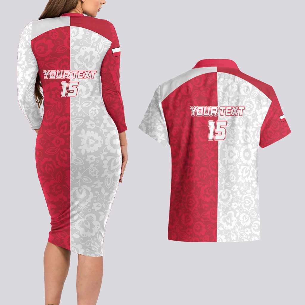 Custom Poland Football Couples Matching Long Sleeve Bodycon Dress and Hawaiian Shirt White-Reds Floral Polish Pattern - Wonder Print Shop