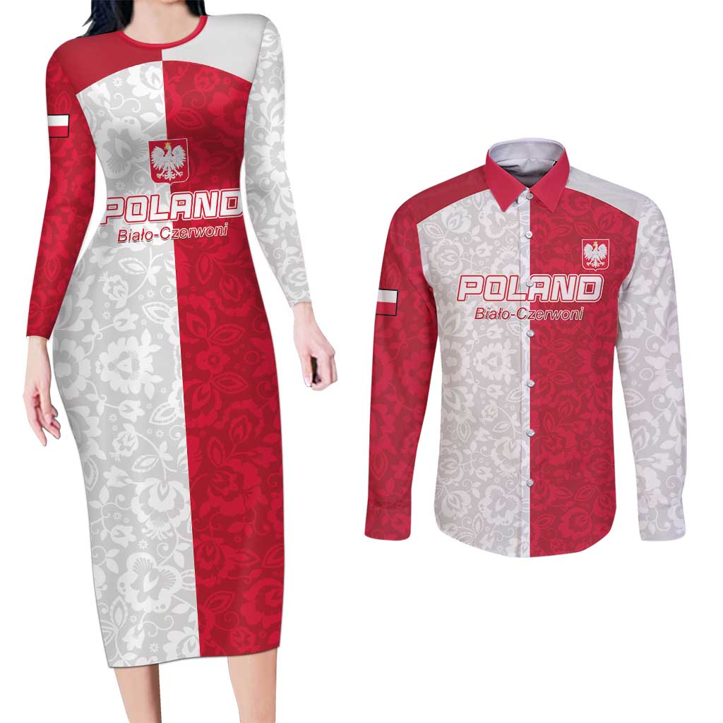 Custom Poland Football Couples Matching Long Sleeve Bodycon Dress and Long Sleeve Button Shirt White-Reds Floral Polish Pattern - Wonder Print Shop