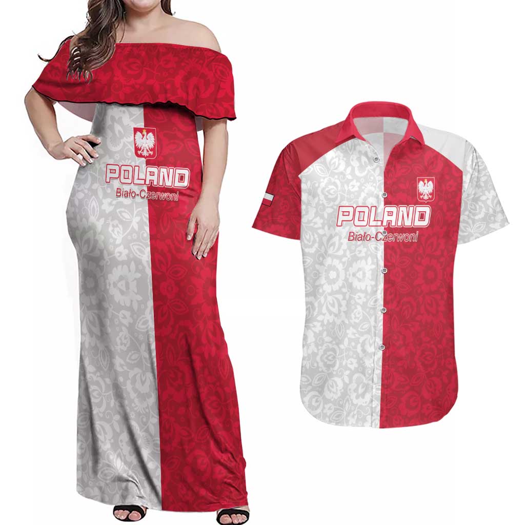 Custom Poland Football Couples Matching Off Shoulder Maxi Dress and Hawaiian Shirt White-Reds Floral Polish Pattern - Wonder Print Shop