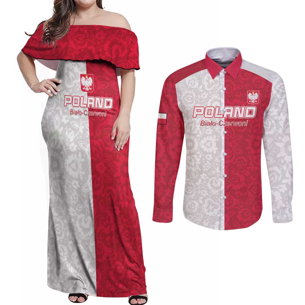 Custom Poland Football Couples Matching Off Shoulder Maxi Dress and Long Sleeve Button Shirt White-Reds Floral Polish Pattern - Wonder Print Shop