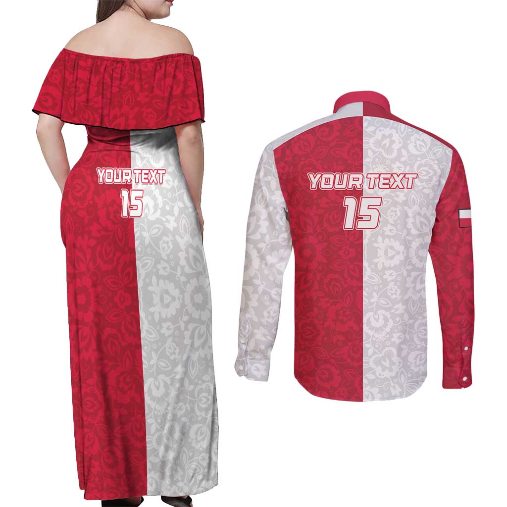 Custom Poland Football Couples Matching Off Shoulder Maxi Dress and Long Sleeve Button Shirt White-Reds Floral Polish Pattern - Wonder Print Shop