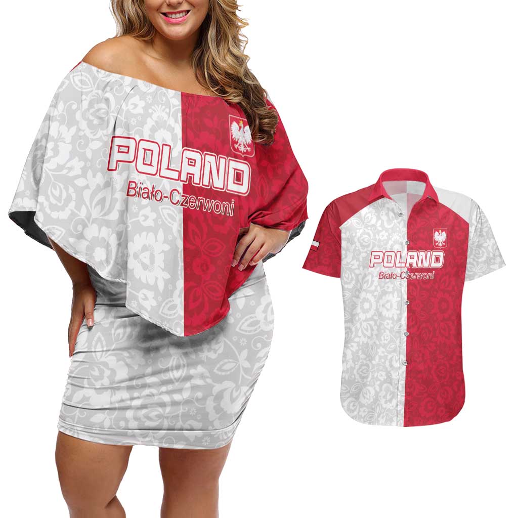 Custom Poland Football Couples Matching Off Shoulder Short Dress and Hawaiian Shirt White-Reds Floral Polish Pattern - Wonder Print Shop