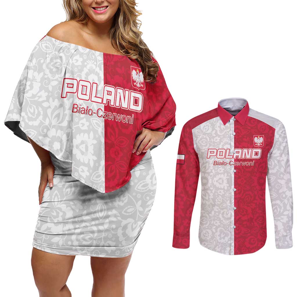 Custom Poland Football Couples Matching Off Shoulder Short Dress and Long Sleeve Button Shirt White-Reds Floral Polish Pattern - Wonder Print Shop