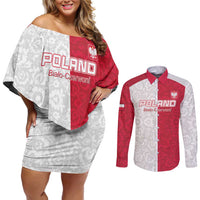 Custom Poland Football Couples Matching Off Shoulder Short Dress and Long Sleeve Button Shirt White-Reds Floral Polish Pattern - Wonder Print Shop
