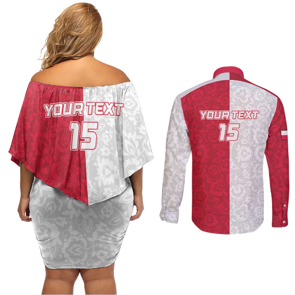 Custom Poland Football Couples Matching Off Shoulder Short Dress and Long Sleeve Button Shirt White-Reds Floral Polish Pattern - Wonder Print Shop