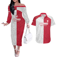 Custom Poland Football Couples Matching Off The Shoulder Long Sleeve Dress and Hawaiian Shirt White-Reds Floral Polish Pattern - Wonder Print Shop