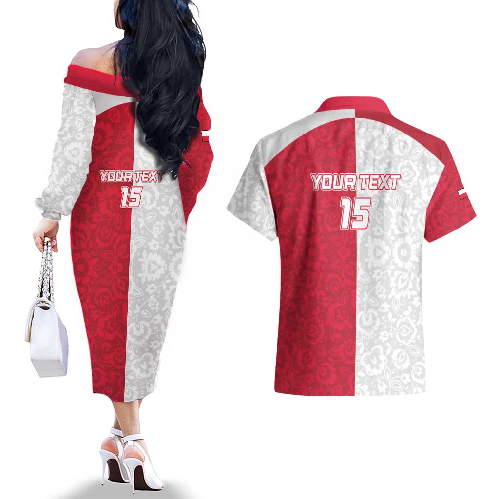 Custom Poland Football Couples Matching Off The Shoulder Long Sleeve Dress and Hawaiian Shirt White-Reds Floral Polish Pattern - Wonder Print Shop