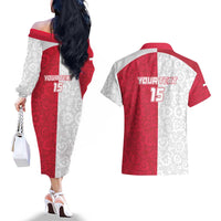 Custom Poland Football Couples Matching Off The Shoulder Long Sleeve Dress and Hawaiian Shirt White-Reds Floral Polish Pattern - Wonder Print Shop