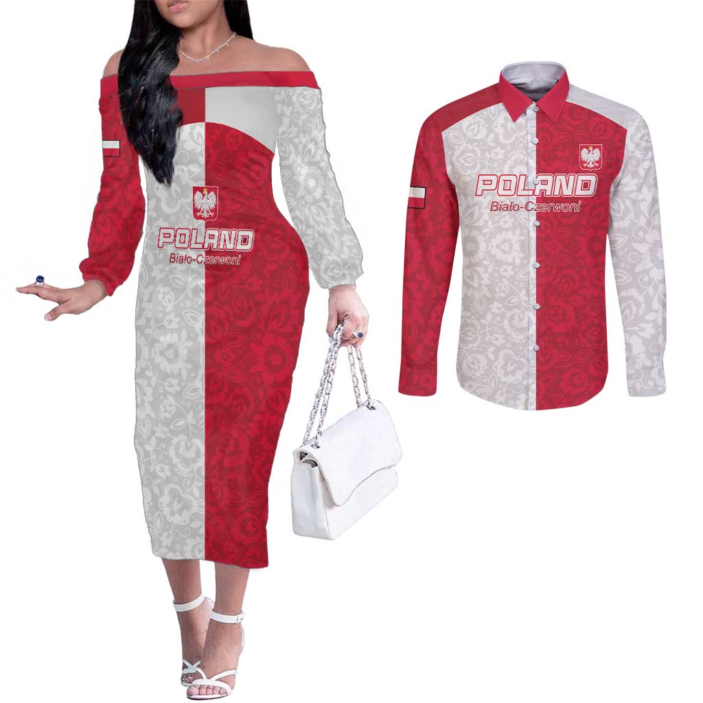 Custom Poland Football Couples Matching Off The Shoulder Long Sleeve Dress and Long Sleeve Button Shirt White-Reds Floral Polish Pattern - Wonder Print Shop