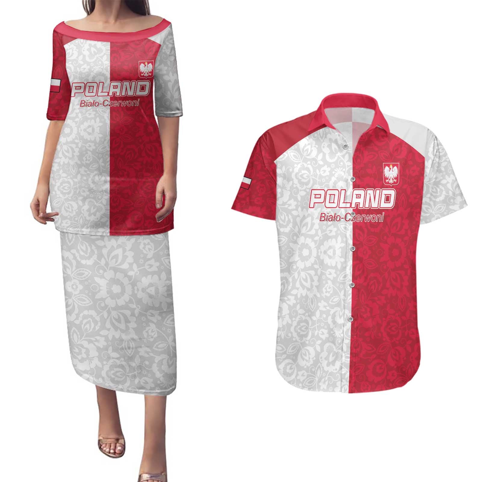 Custom Poland Football Couples Matching Puletasi and Hawaiian Shirt White-Reds Floral Polish Pattern - Wonder Print Shop