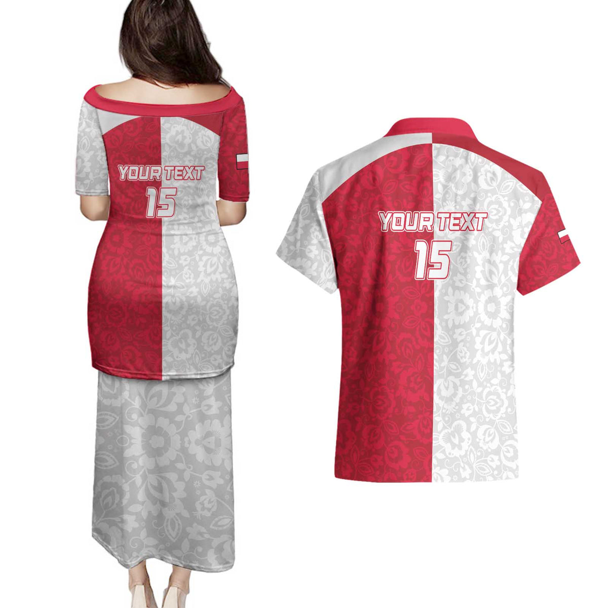 Custom Poland Football Couples Matching Puletasi and Hawaiian Shirt White-Reds Floral Polish Pattern - Wonder Print Shop