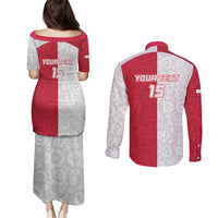 Custom Poland Football Couples Matching Puletasi and Long Sleeve Button Shirt White-Reds Floral Polish Pattern - Wonder Print Shop
