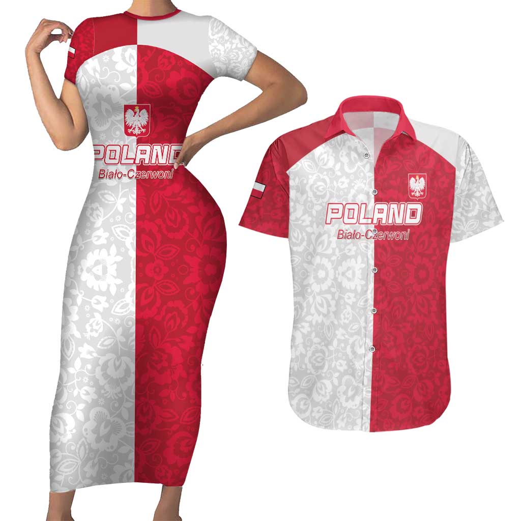 Custom Poland Football Couples Matching Short Sleeve Bodycon Dress and Hawaiian Shirt White-Reds Floral Polish Pattern - Wonder Print Shop
