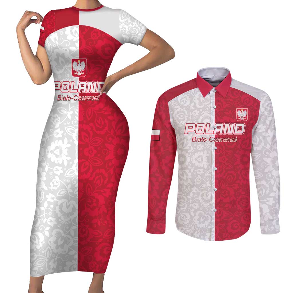 Custom Poland Football Couples Matching Short Sleeve Bodycon Dress and Long Sleeve Button Shirt White-Reds Floral Polish Pattern - Wonder Print Shop