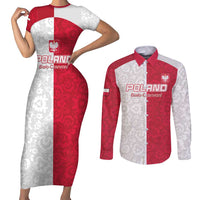 Custom Poland Football Couples Matching Short Sleeve Bodycon Dress and Long Sleeve Button Shirt White-Reds Floral Polish Pattern - Wonder Print Shop