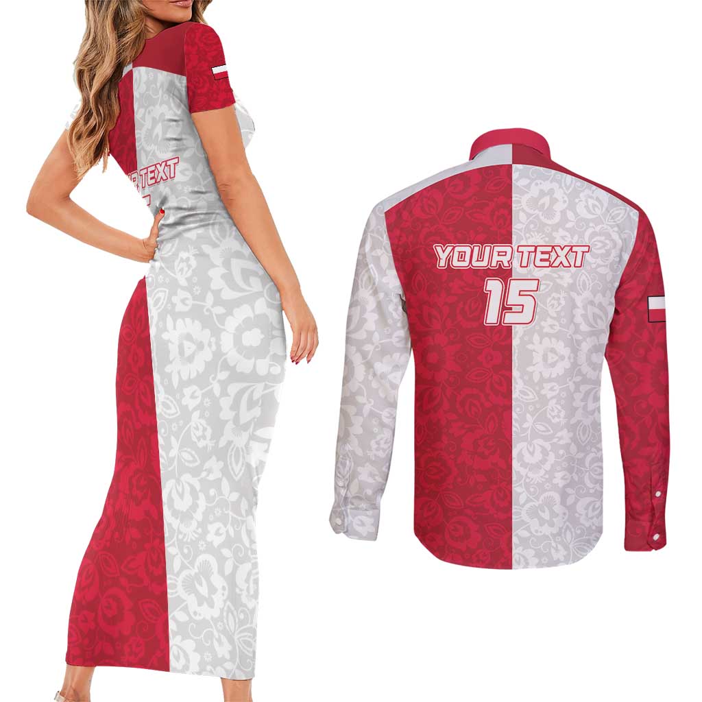 Custom Poland Football Couples Matching Short Sleeve Bodycon Dress and Long Sleeve Button Shirt White-Reds Floral Polish Pattern - Wonder Print Shop