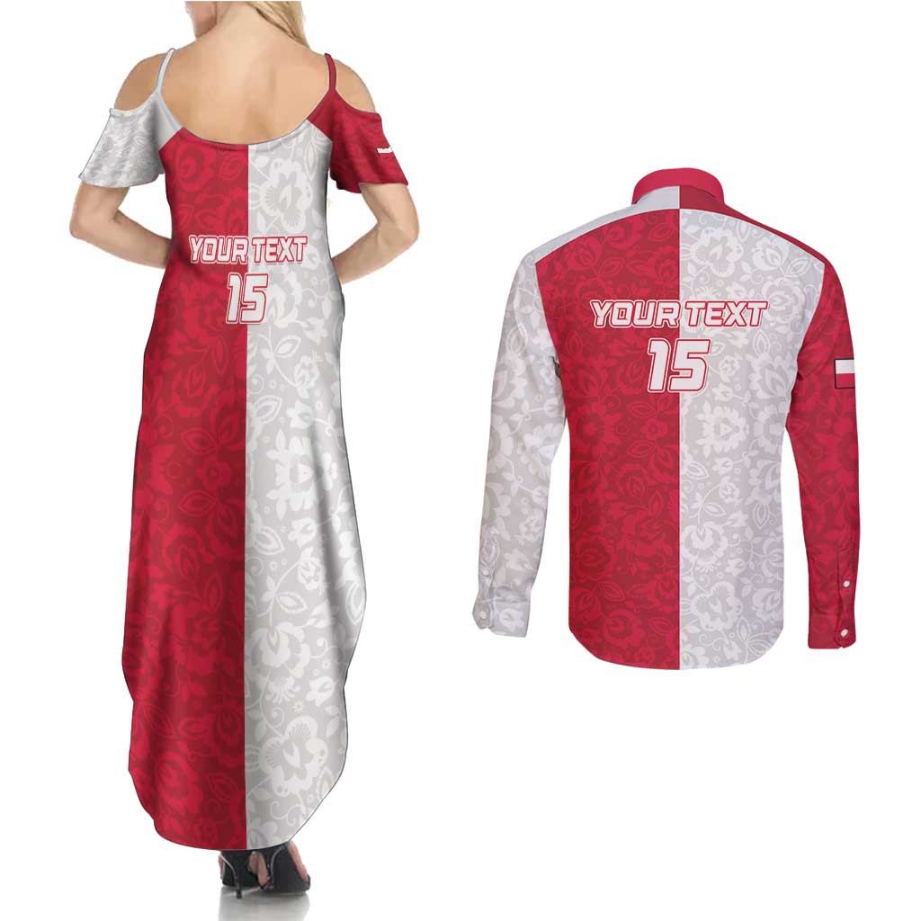 Custom Poland Football Couples Matching Summer Maxi Dress and Long Sleeve Button Shirt White-Reds Floral Polish Pattern - Wonder Print Shop