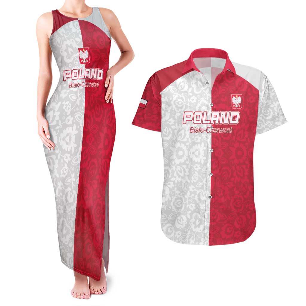Custom Poland Football Couples Matching Tank Maxi Dress and Hawaiian Shirt White-Reds Floral Polish Pattern - Wonder Print Shop