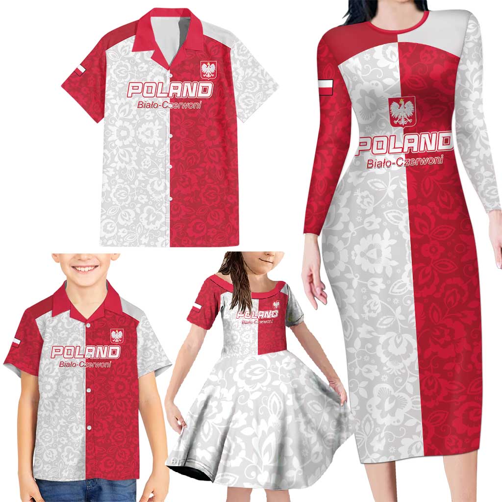 Custom Poland Football Family Matching Long Sleeve Bodycon Dress and Hawaiian Shirt White-Reds Floral Polish Pattern - Wonder Print Shop