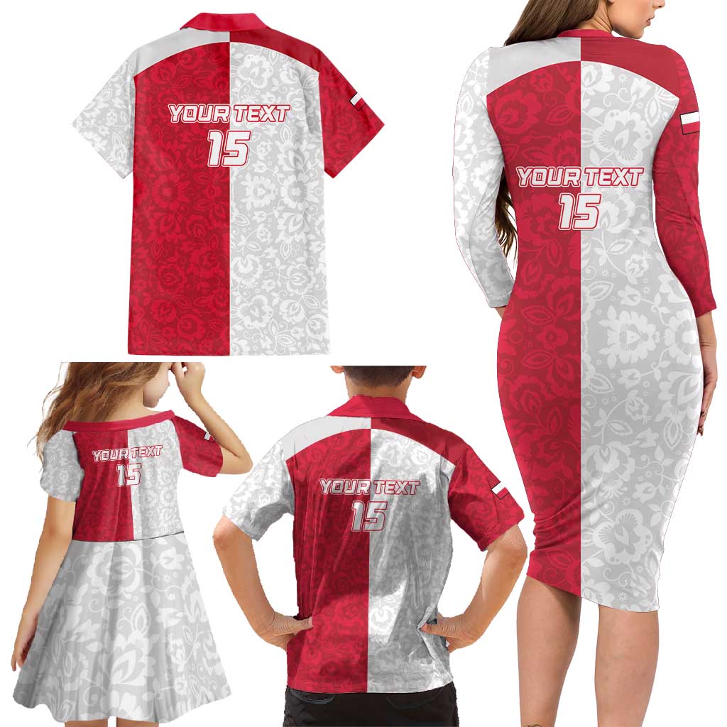 Custom Poland Football Family Matching Long Sleeve Bodycon Dress and Hawaiian Shirt White-Reds Floral Polish Pattern - Wonder Print Shop