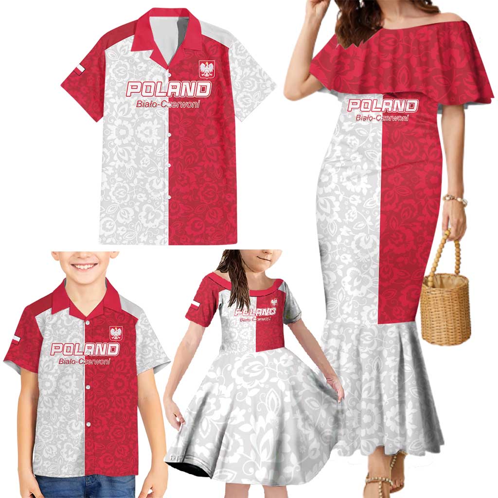 Custom Poland Football Family Matching Mermaid Dress and Hawaiian Shirt White-Reds Floral Polish Pattern - Wonder Print Shop