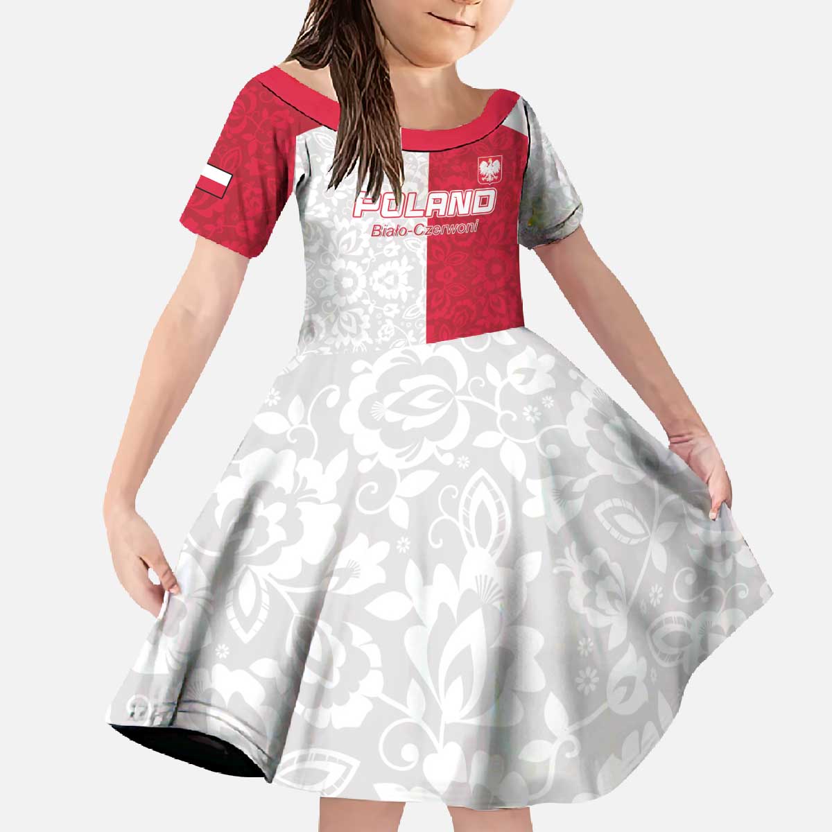 Custom Poland Football Family Matching Off The Shoulder Long Sleeve Dress and Hawaiian Shirt White-Reds Floral Polish Pattern - Wonder Print Shop