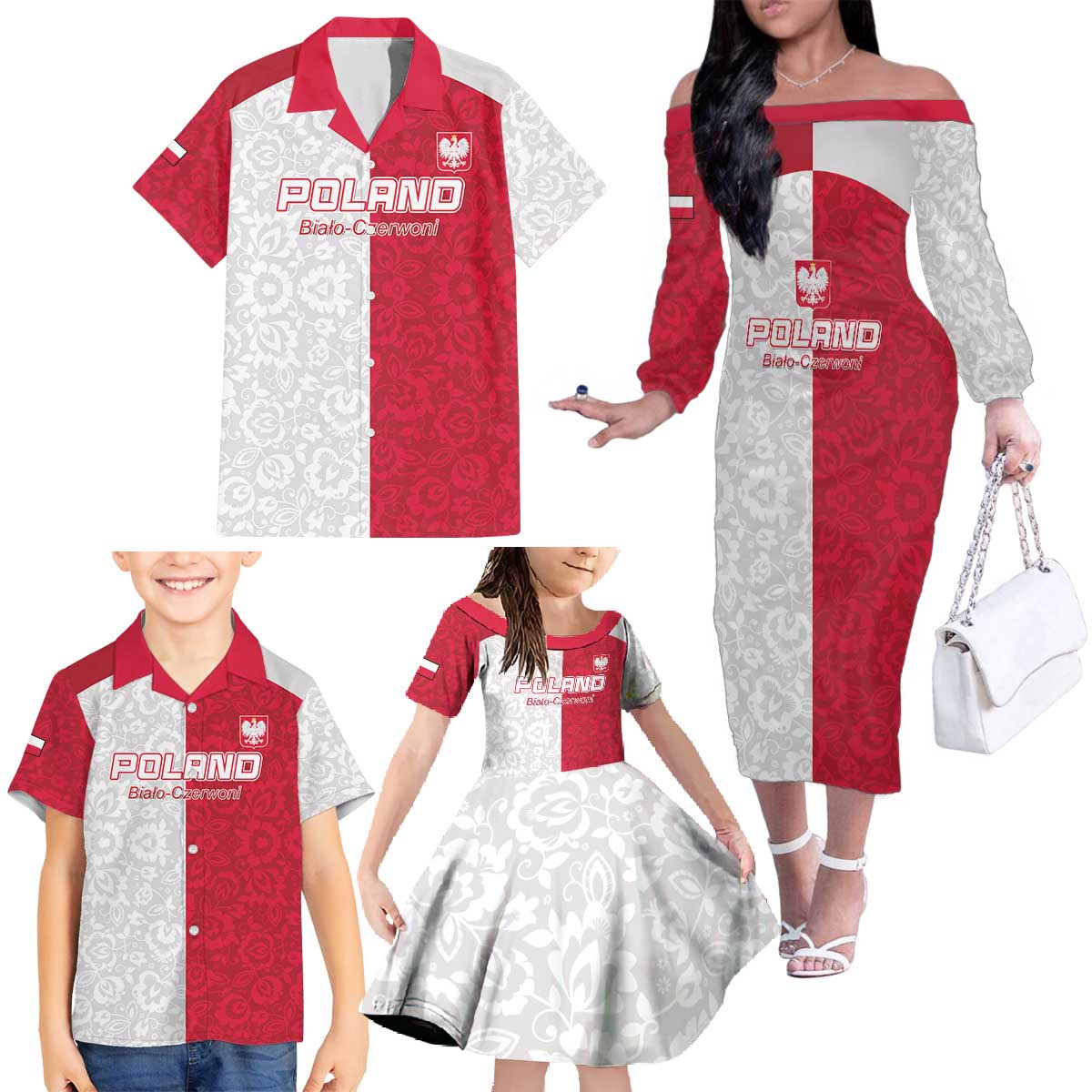 Custom Poland Football Family Matching Off The Shoulder Long Sleeve Dress and Hawaiian Shirt White-Reds Floral Polish Pattern - Wonder Print Shop