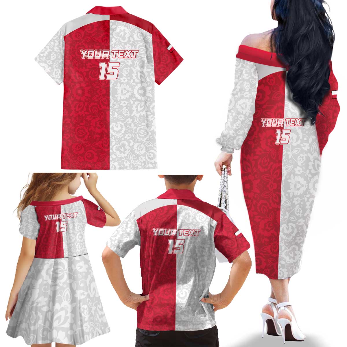 Custom Poland Football Family Matching Off The Shoulder Long Sleeve Dress and Hawaiian Shirt White-Reds Floral Polish Pattern - Wonder Print Shop