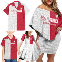 Custom Poland Football Family Matching Off Shoulder Short Dress and Hawaiian Shirt White-Reds Floral Polish Pattern - Wonder Print Shop