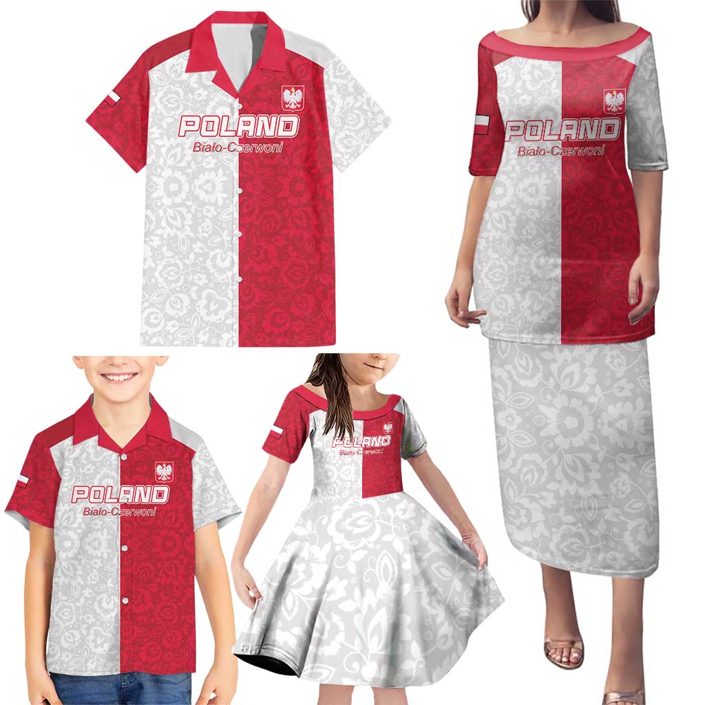 Custom Poland Football Family Matching Puletasi and Hawaiian Shirt White-Reds Floral Polish Pattern - Wonder Print Shop