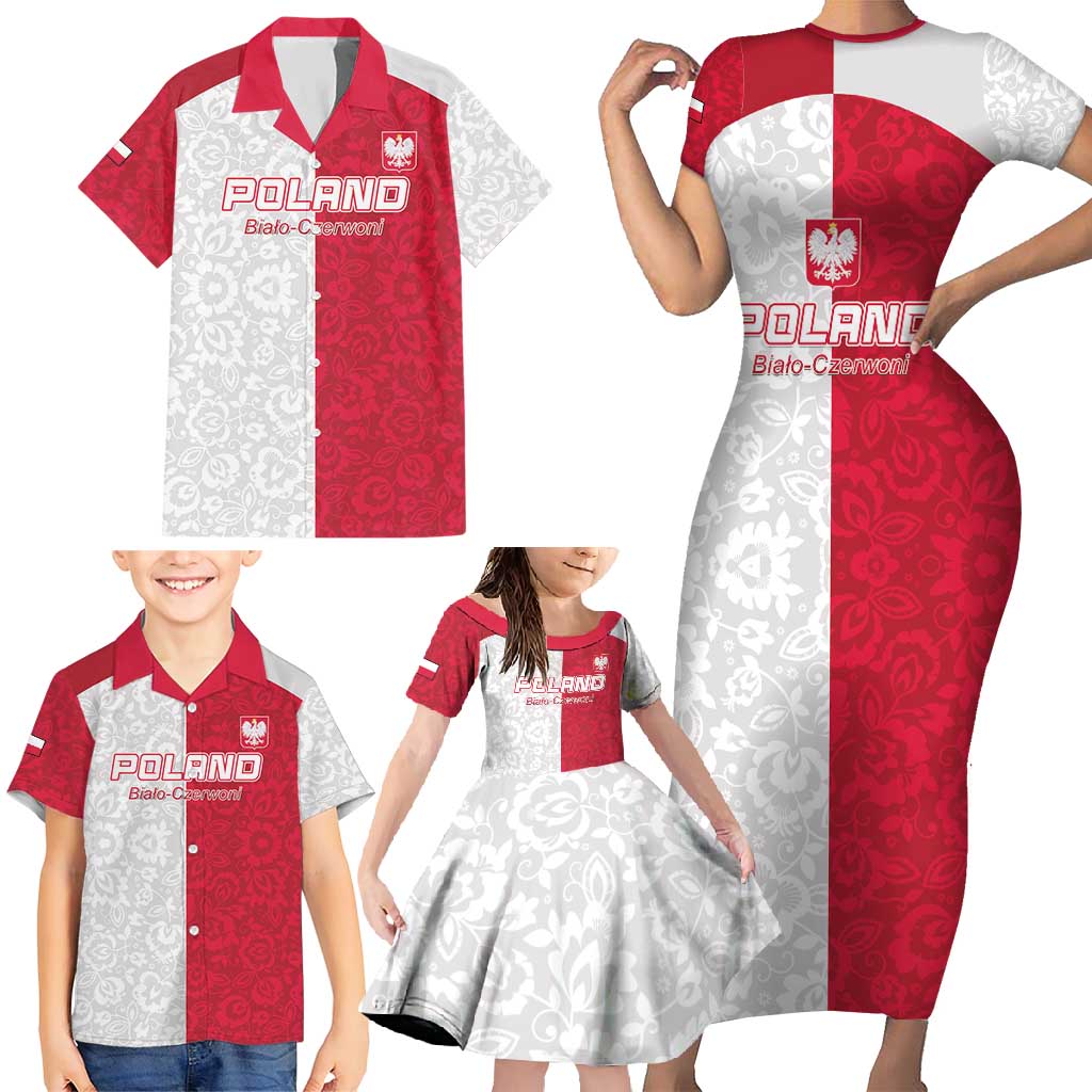 Custom Poland Football Family Matching Short Sleeve Bodycon Dress and Hawaiian Shirt White-Reds Floral Polish Pattern - Wonder Print Shop