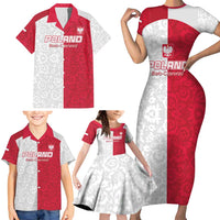 Custom Poland Football Family Matching Short Sleeve Bodycon Dress and Hawaiian Shirt White-Reds Floral Polish Pattern - Wonder Print Shop