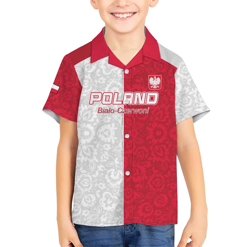 Custom Poland Football Kid Hawaiian Shirt White-Reds Floral Polish Pattern - Wonder Print Shop