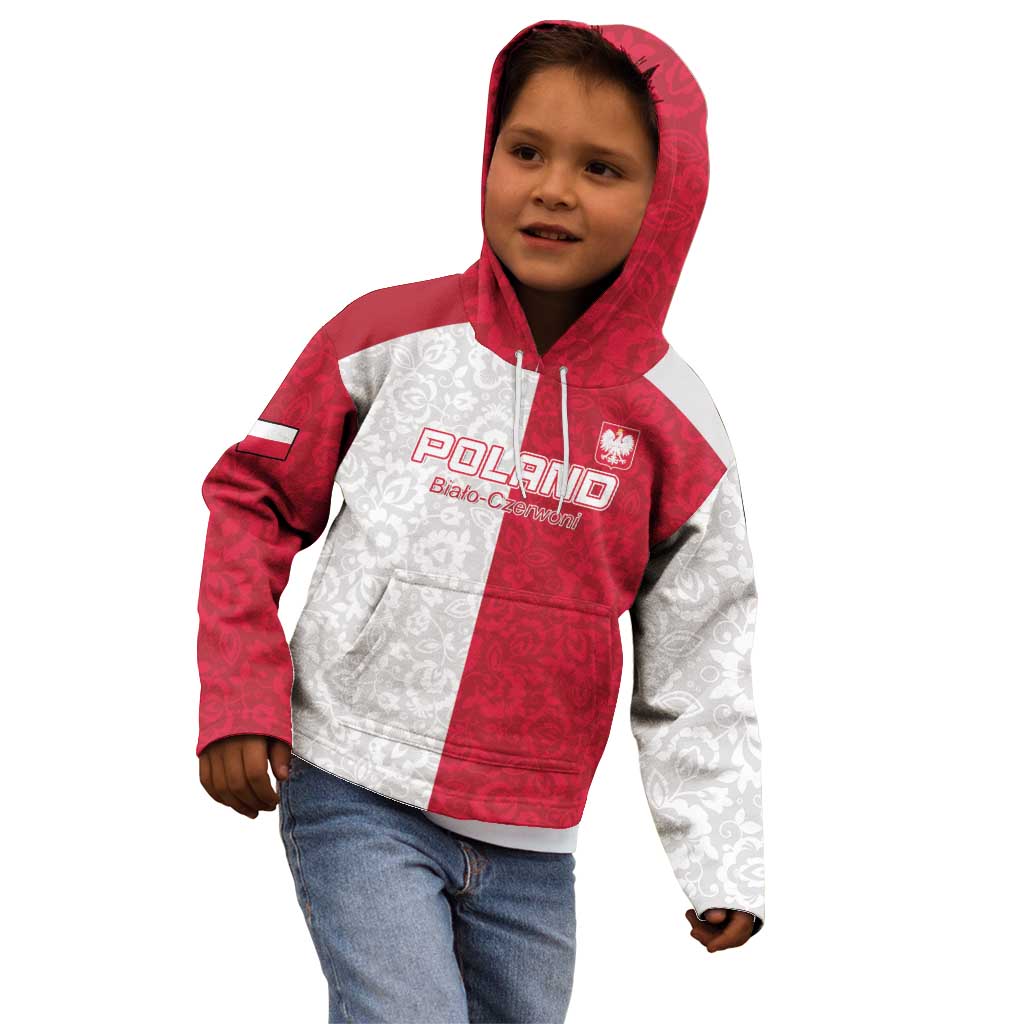 Custom Poland Football Kid Hoodie White-Reds Floral Polish Pattern - Wonder Print Shop