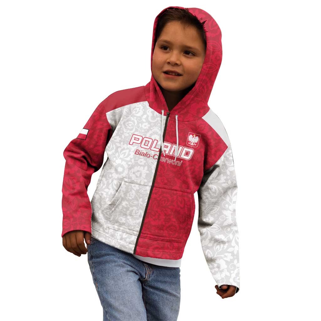 Custom Poland Football Kid Hoodie White-Reds Floral Polish Pattern - Wonder Print Shop