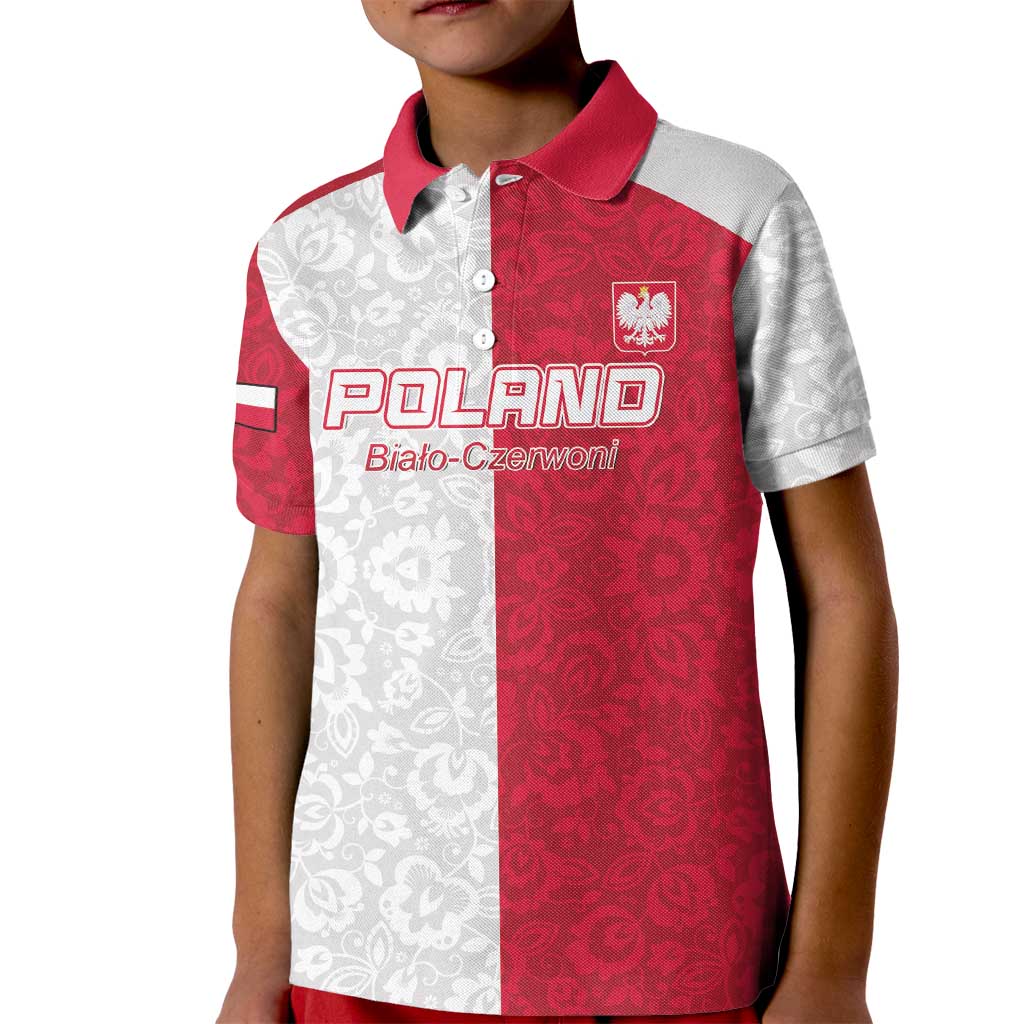 Custom Poland Football Kid Polo Shirt White-Reds Floral Polish Pattern - Wonder Print Shop