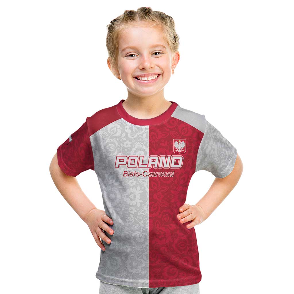 Custom Poland Football Kid T Shirt White-Reds Floral Polish Pattern - Wonder Print Shop