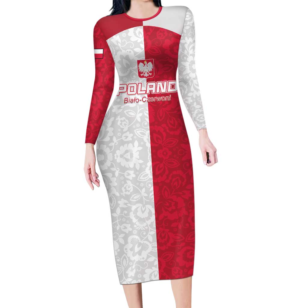 Custom Poland Football Long Sleeve Bodycon Dress White-Reds Floral Polish Pattern - Wonder Print Shop