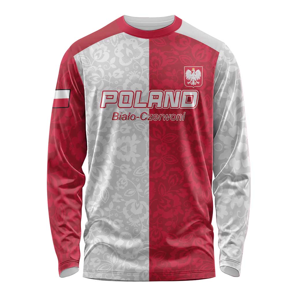 Custom Poland Football Long Sleeve Shirt White-Reds Floral Polish Pattern - Wonder Print Shop