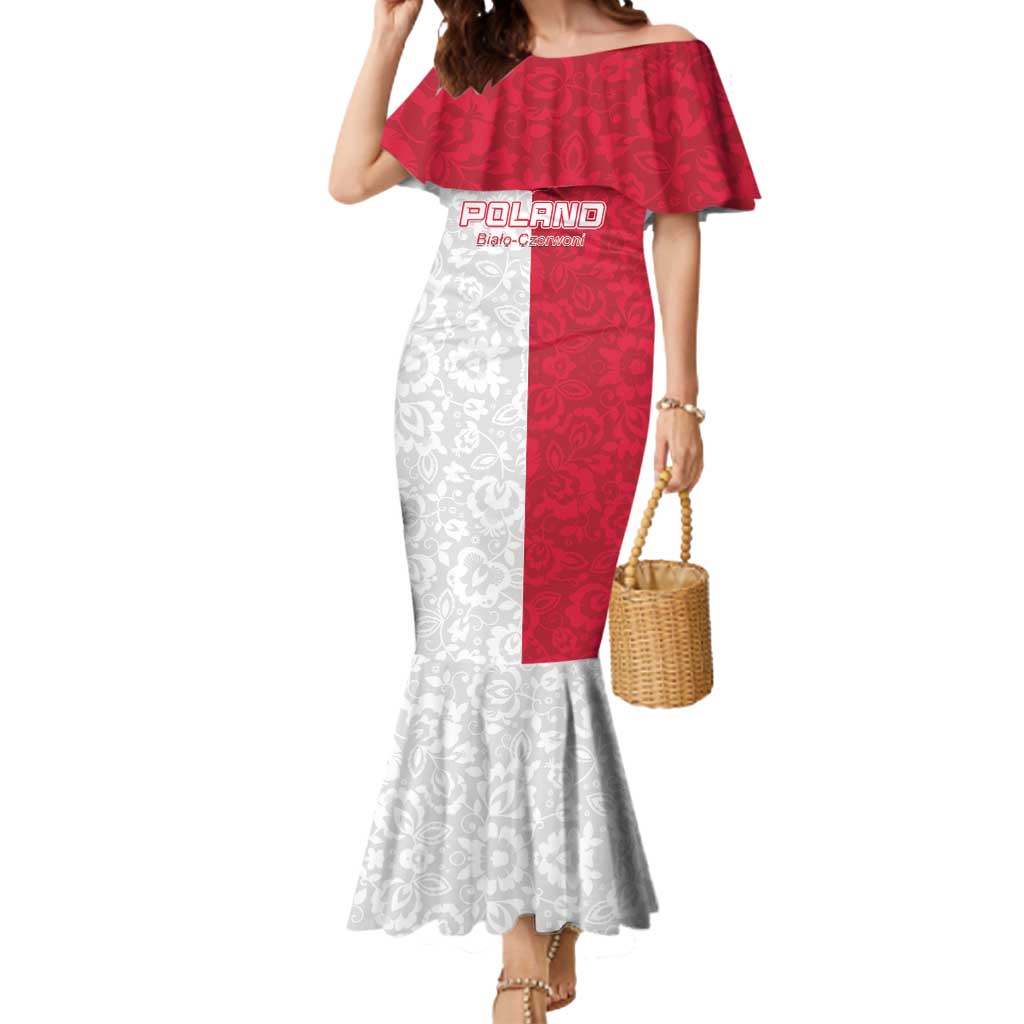 Custom Poland Football Mermaid Dress White-Reds Floral Polish Pattern - Wonder Print Shop