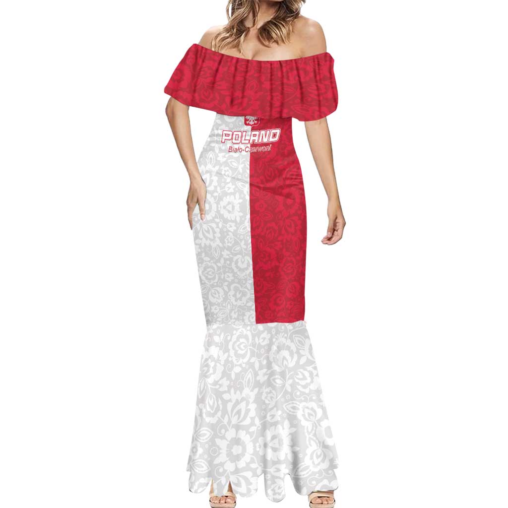 Custom Poland Football Mermaid Dress White-Reds Floral Polish Pattern - Wonder Print Shop
