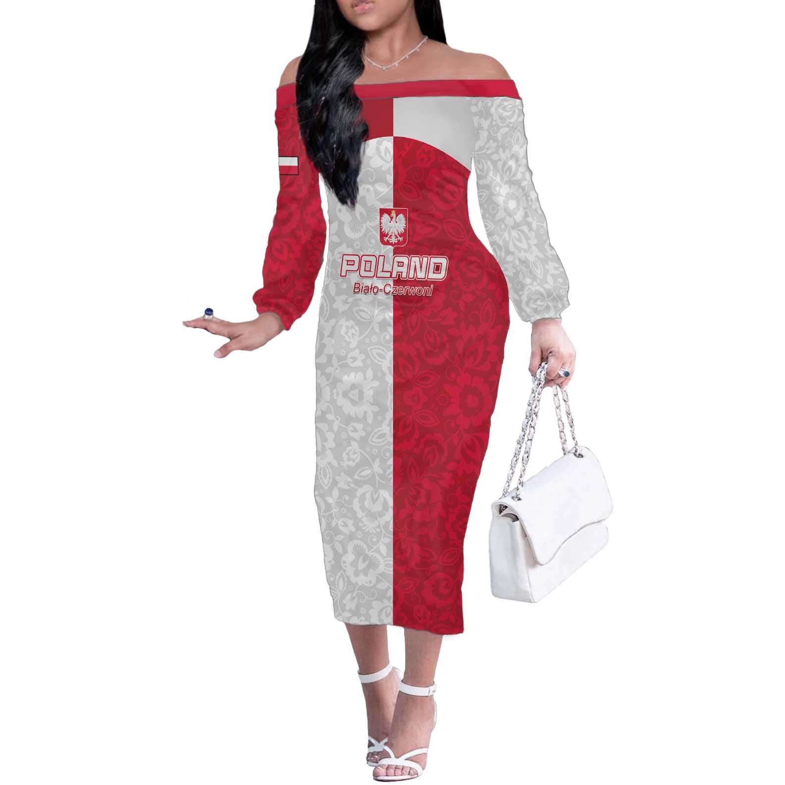 Custom Poland Football Off The Shoulder Long Sleeve Dress White-Reds Floral Polish Pattern - Wonder Print Shop